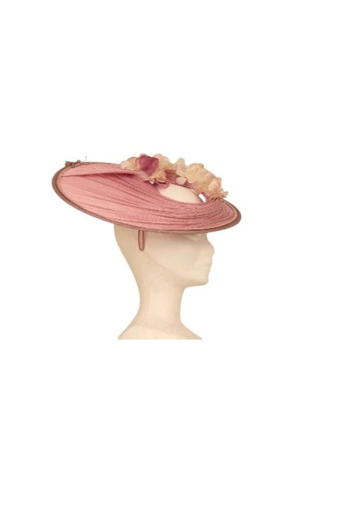 Elégant Saucer parme en buntal, décoré de fleurs en soie parme et blanche